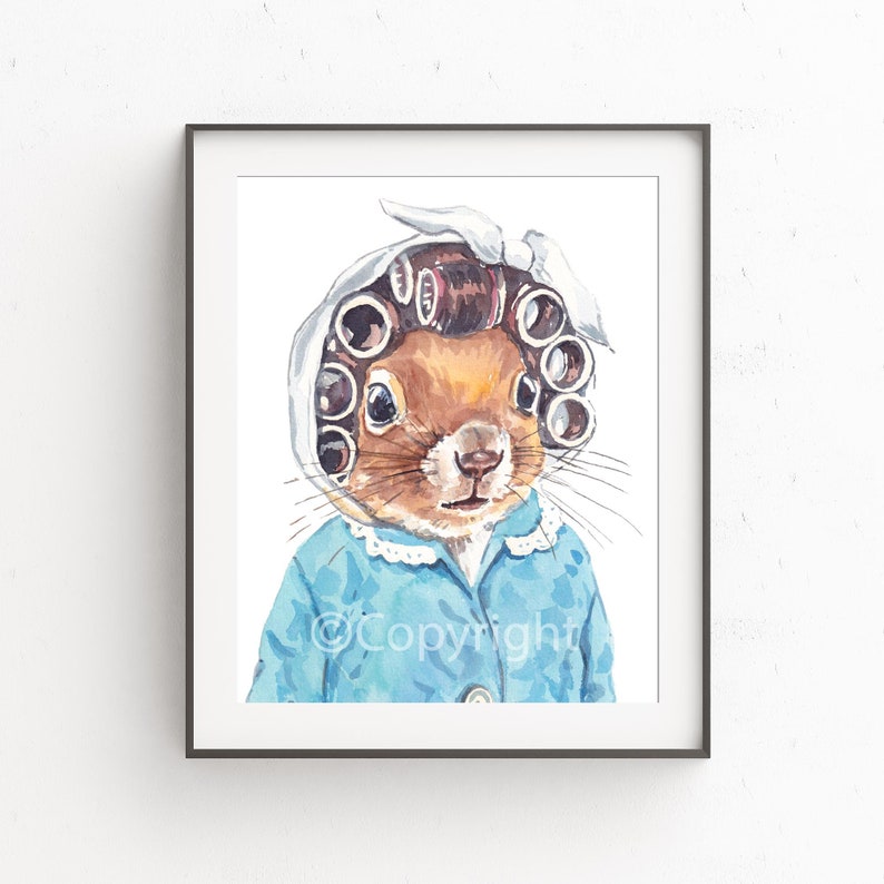 Granny Style Watercolour Painting of a Squirrel Wearing Hair Curlers and a House Coat image 4