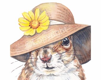 Summer Squirrel Watercolour Print of a Squirrel in a Floppy Hat with a Daisy