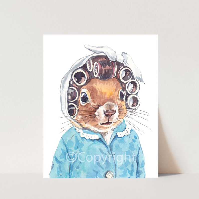 Granny Style Watercolour Painting of a Squirrel Wearing Hair Curlers and a House Coat image 2