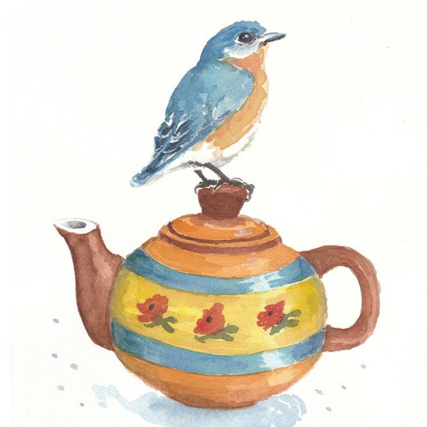 Teatime with Bluebird - ORIGINAL Watercolor Painting - 8x10