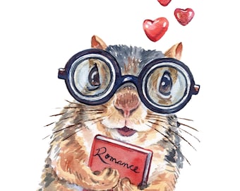 Love Story Watercolour Painting of a Romantic Book-Loving Squirrel