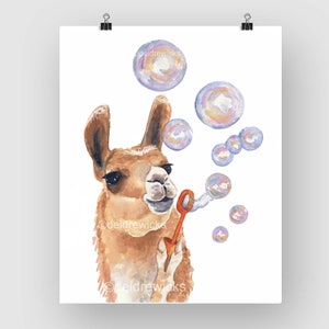 Llama Painting Watercolor Fine Art PRINT Soap Bubbles, Llama Watercolour, Nursery Art, Llama Lover Gift image 2