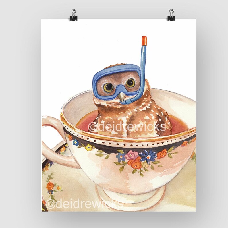 Owl Watercolor Painting Art PRINT, Teacup, Dive Mask, Nursery Art, Scuba Diving, Funny Watercolour, Kitchen Art image 2