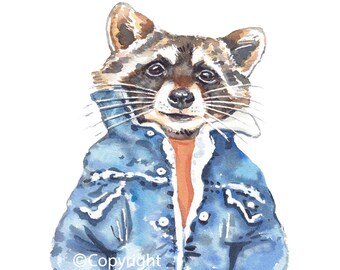 Raccoon in Denim Jacket: Watercolor Art Print