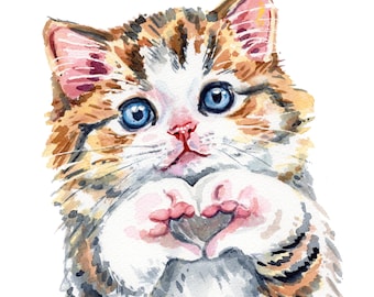Adorable Cat With Heart Hands Watercolour Painting