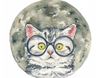 Cat in the Moon Watercolour Painting Fine Art Print