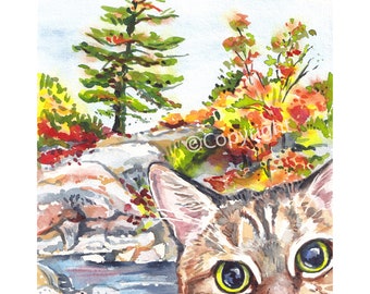 On Vacation Watercolour of a Cat Enjoying a Canadian Holiday