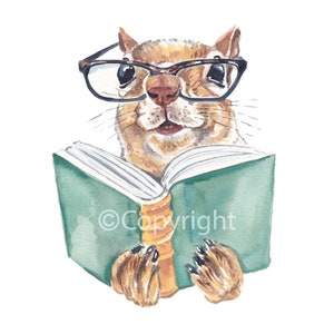 Book Worm Squirrel - Archival Watercolour Painting Print of an Animal Reading a Book