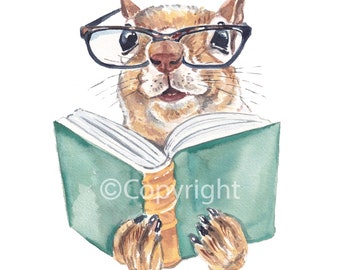 Book Worm Squirrel - Archival Watercolour Painting Print of an Animal Reading a Book