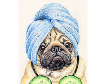 Spa Day Pug - Coloured Pencil Drawing of a Dog taking some Me Time