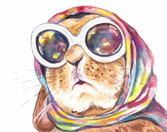 Vacation Lop Eared Rabbit Watercolour Painting - Fine Art Print of a Bunny Wearing A Vintage Scarf and Glasses