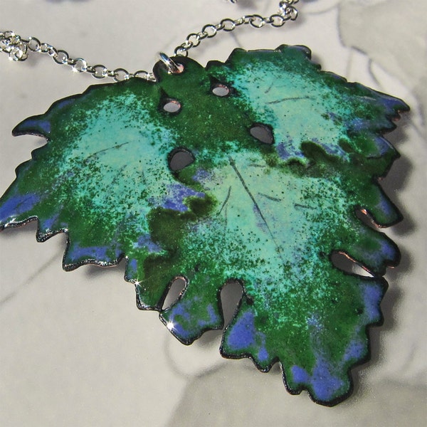 Green Purple Frilly Leaf Pendant Necklace Enamel