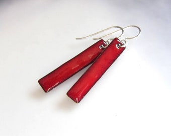 Red enamel bar earrings Minimalist jewelry Small red linear dangles Dainty red stick earrings