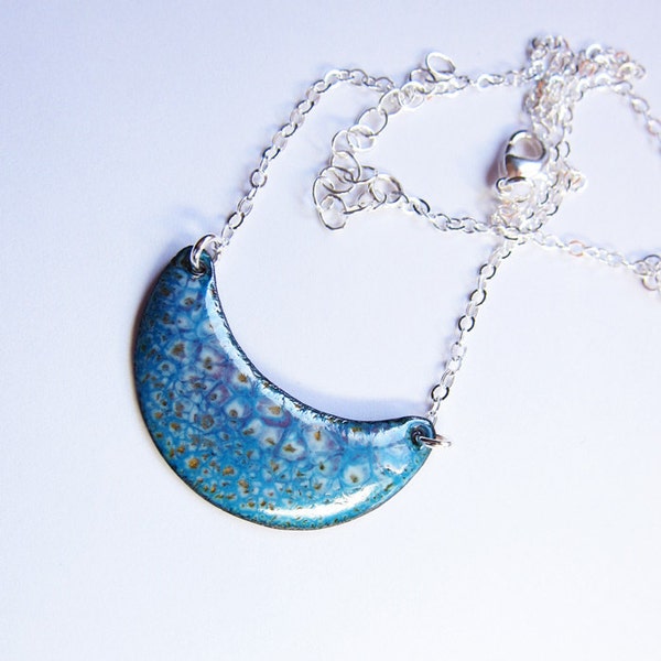 Blue enamel crescent moon necklace Blue and purple sterling silver pendant Bohemian minimalist jewelry