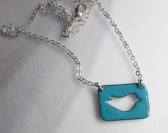Blue enamel bird necklace Enamel nature jewelry Bluebird pendant Gift for bird lover Sterling silver