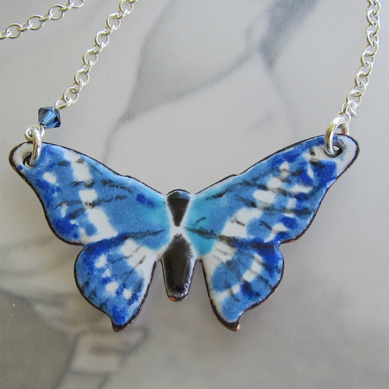Blue Butterfly Enamel Necklace Handpainted Etsy