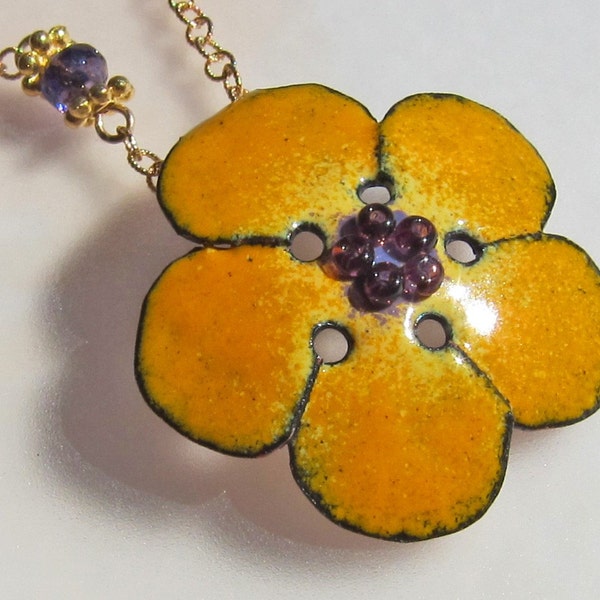 Flower Necklace, Yellow Necklace, Enamel Jewelry, Bohemian Jewelry, Nature Jewelry