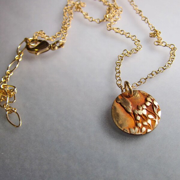 Floral Bronze Gold Disc Necklace, Nature Jewelry, Gold Pendant Necklace, Delicate