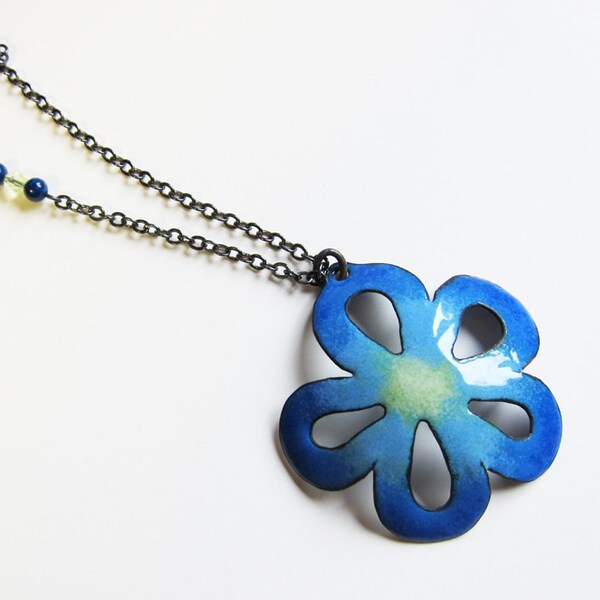 Blue Flower Necklace, enamel jewelry, long blue necklace, flower pendant modern jewelry