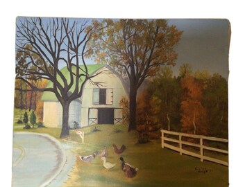 VTG Folk Art Acrylic Painting Canvas Barn Duck Autumn Signed Original 1984 20x16"