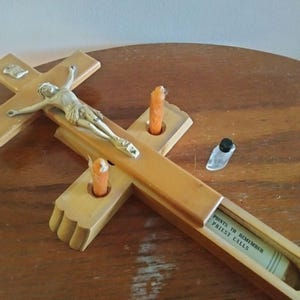 Antique Wooden Wall Crucifix With Hidden Compartment Candles Holy Water Bottle Instructions