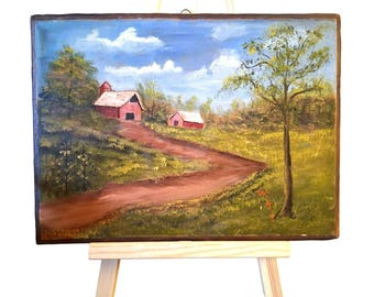 Original Rustic Landscape Painting With Barns & Trees On Wood Panel Signed Witt