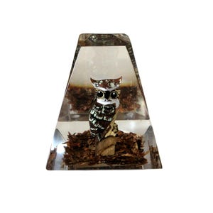 Lucite Pyramid Paperweight Hand Carved Painted Great Horned Owl MCM Mid-century Modern Mod