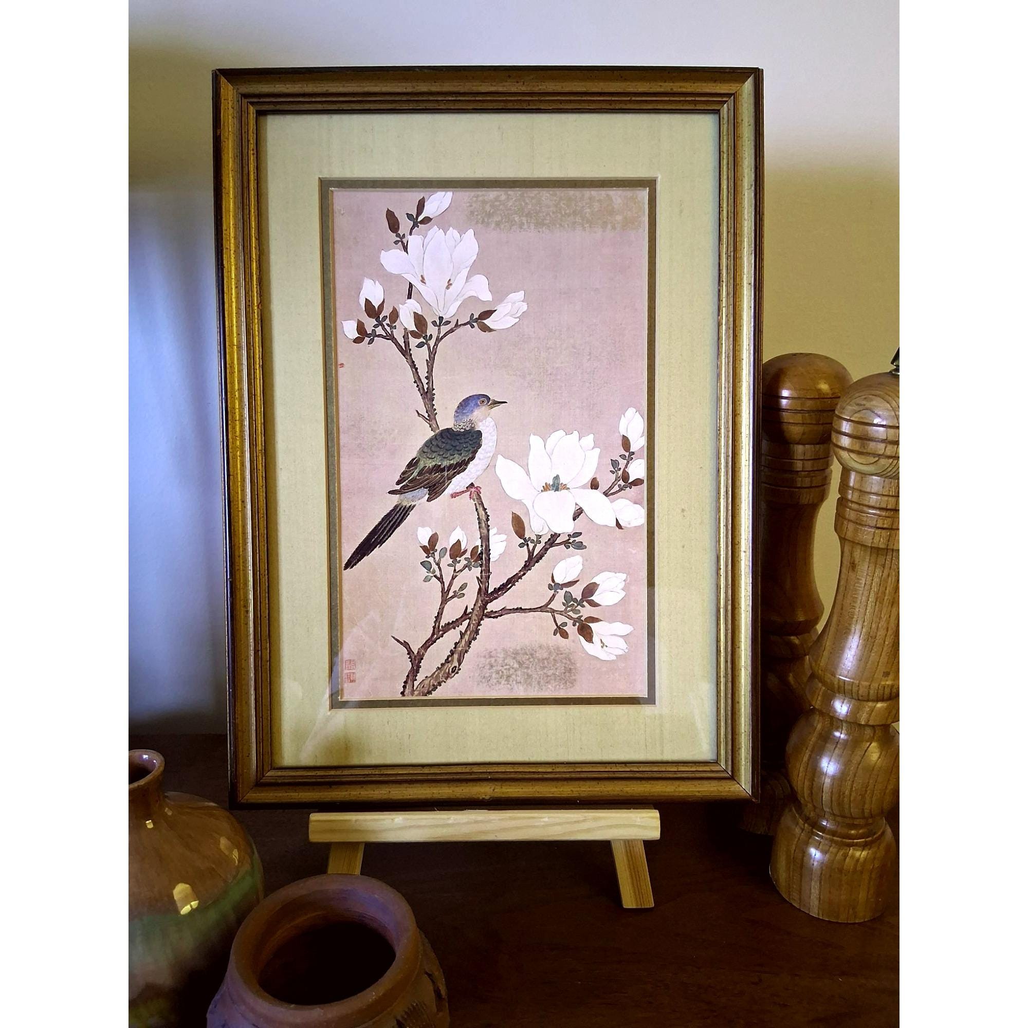Vintage Gold Framed Bird & Magnolia Art Print On Beige Background Framed 16" x 12"