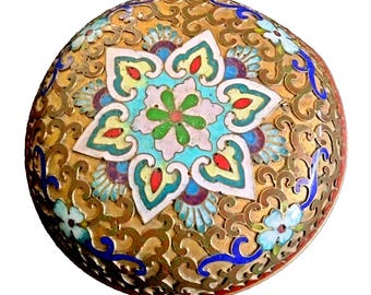 Vintage Antique Round Cloisonne Lidded Enamel Trinket Box Pill Jewelry Keepsake Box