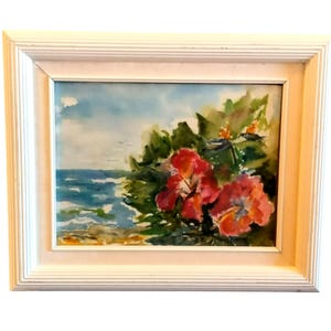 Vibrant Hibiscus Ocean Sea Side Original Watercolor Artist Signed Off White Wooden Frame