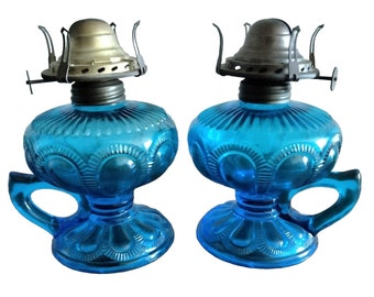 2 Rare Blue Imperial Glass Kerosene Oil Lamps Zipper Loop VNTG ABCO Brass Burner