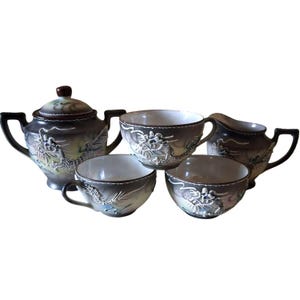 Vintage Japanese Dragon Tea Set With Sugar Bowl Creamer & 3 Cups  Hand-Painted Moriage Design