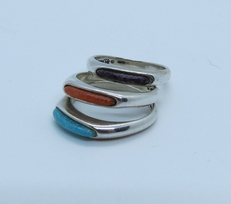 Carolyn Pollack Plain Charoite Turquoise /& Coral Mosaic Sterling Silver Stack Rings SZ 6