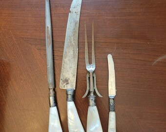 Antique Silver Carving Set With Mother Of Pearl Handles