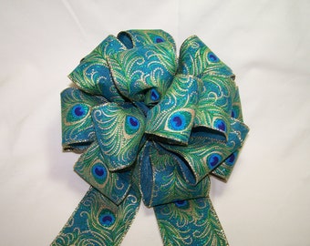 Glitter Peacock Feathers Pinwheel Hair Bow 4
