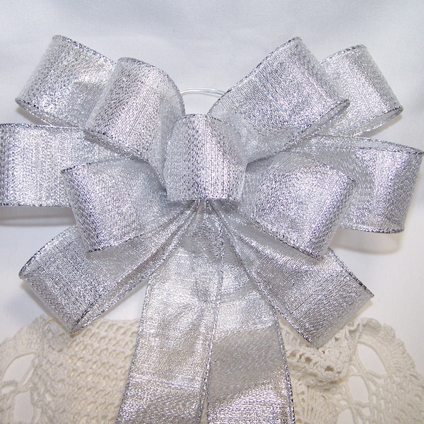 White Silver Bow Silver Glitter Dots Ribbon Winter Birthday Wedding Shower Anniversary Theme Gifts Decor Wreath Handmade 3 Sizes Available