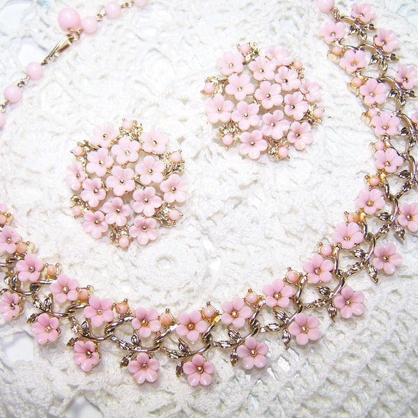 Vintage Demi Parure Jewelry Set Signed Coro Pink Flower Matching Earrings & Necklace Lucite VTG 50s Cocktail Feminine Pretty