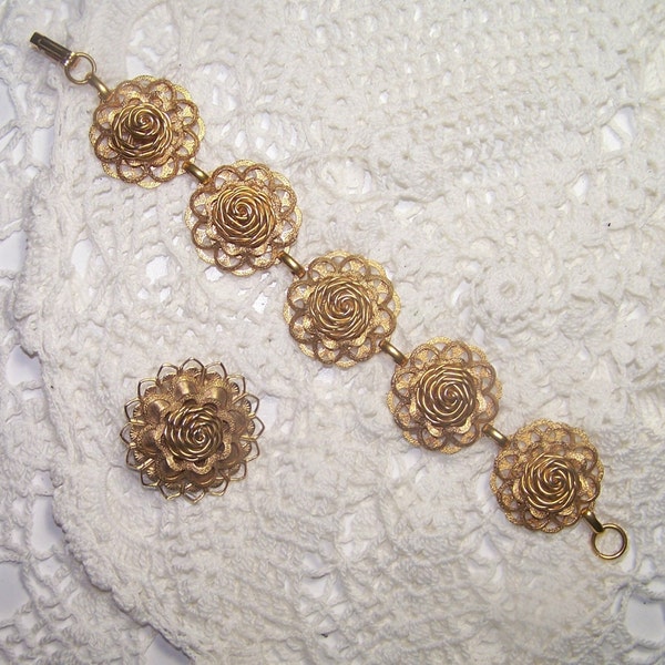 Vintage Bracelet & Brooch Demi Parure Jewelry Set Gold Tone Floral Flower Pin Cocktail Filigree 50s 60s 70s