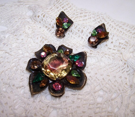 RARE Gingko Leaf Multicolor Large Rhinestone Broo… - image 9