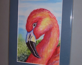 Pink Flamingo Watercolor Print with Mat  9 x 12 Painting by Reinecke