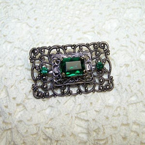 Filigree Gunmetal and Emerald Rhinestone Brooch Ornate Vintage Victorian Style Jewelry