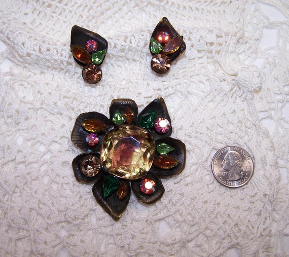 RARE Gingko Leaf Multicolor Large Rhinestone Broo… - image 2