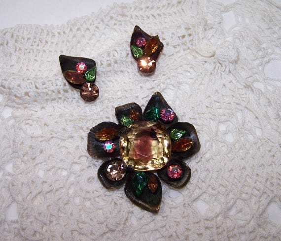 RARE Gingko Leaf Multicolor Large Rhinestone Broo… - image 7