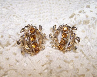 Signed Coro Yellow Topaz Rhinestone Leaf Earrings Clip-on Vintage Collectible Gift