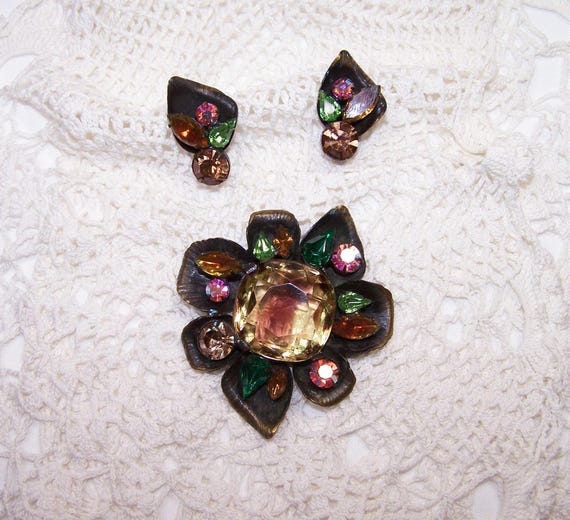 RARE Gingko Leaf Multicolor Large Rhinestone Broo… - image 1