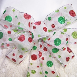 Red & Green Polka Dot Bow Sparkle Fun Ribbon for Wreath Holiday Decor Wire Edge