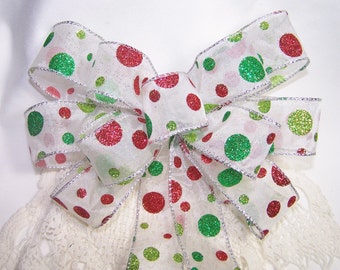 Fun Christmas Bow Red & Green Sparkle White Sheer Ribbon Handmade Wreath Holiday Decor Fun Gift Party Ribbon Wire Edge Pew Bow Whimsical