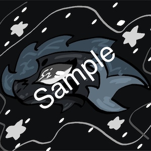 May include: Illustration of a stylized creature's head in shades of black, gray, and blue, with the word "Sample" in white. The background is black with white stars and wavy lines.