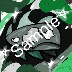 May include: A black and green cartoon spaceship with white clouds and stars. The word "Sample" is written diagonally across the image.