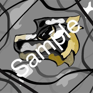 May include: A black and white cartoon animal with a yellow ear and a black eye. The animal is on a gray background with black lines.